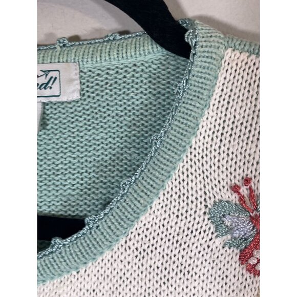 Vintage Knit Sweater L Green Patchwork Embroidery Retro Boho Classic Preppy 80s - Picture 4 of 16